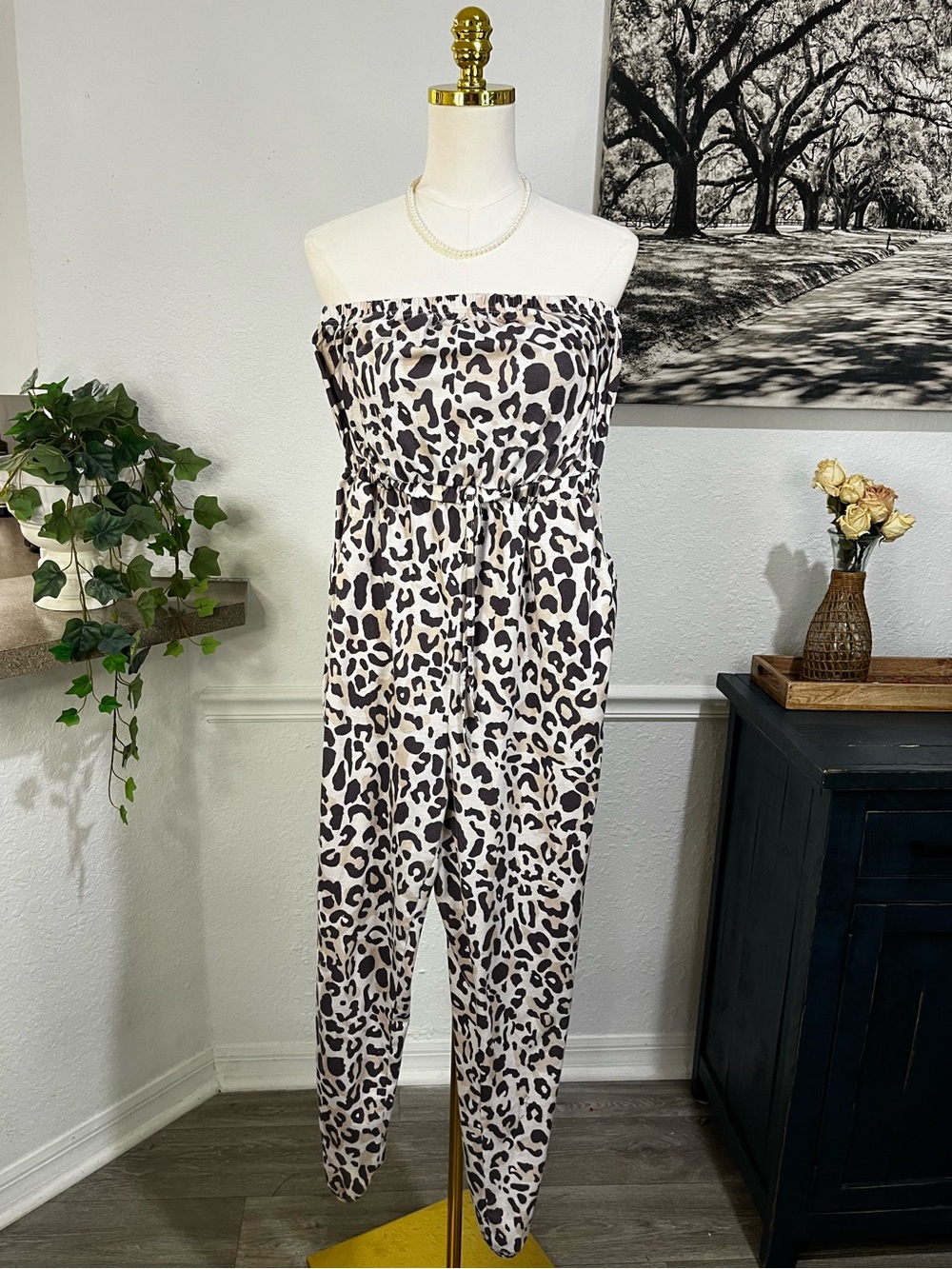 Strapless Leopard Print Jumpsuit - Beige/Black